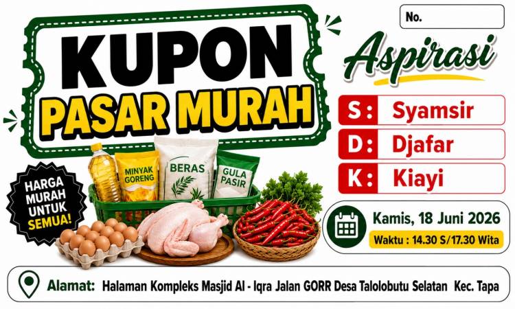 Syamsir Djafar Kiayi Bagikan Kupon Pasar Murah Bersubsidi untuk Warga Talulobutu Selatan